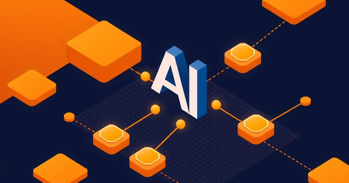 Isometric scene of compliance frameworks and documentation overlaying an AI system architecture diagram
