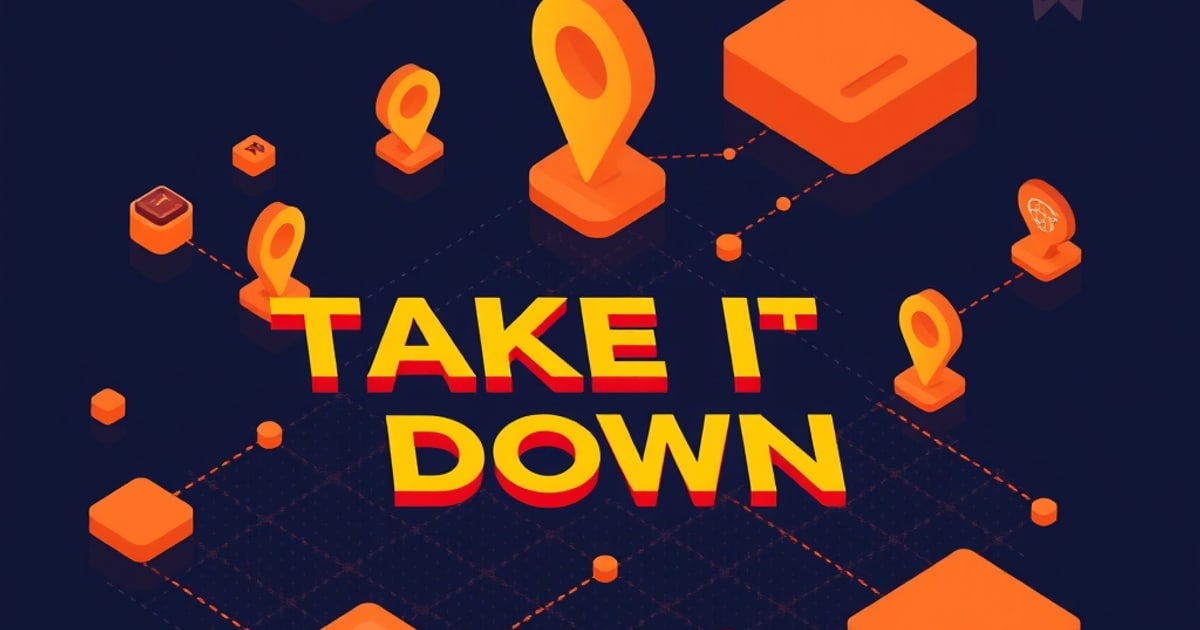Isometric scene of takedown processes, content removal workflows, and FTC enforcement authority